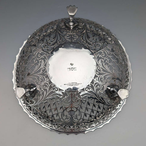 1911 年英國古董穿孔耳環純銀帶腳水果碗 436 克 Goldsmiths&Silversmiths