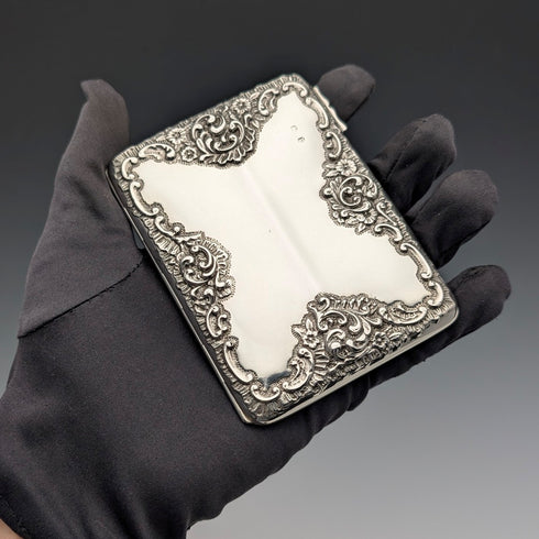 1898 British antique embossed sterling silver double door card case, 101g, Henry Matthews