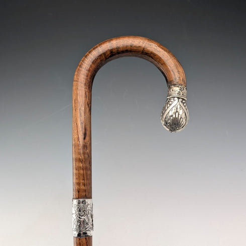 1906年英國古董棕色軸,彎曲手柄,純銀裝飾,手杖,80厘米