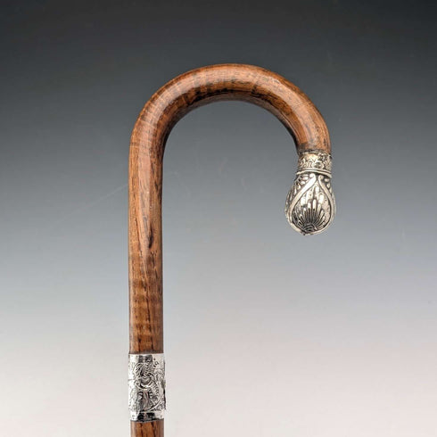 1906年英國古董棕色軸,彎曲手柄,純銀裝飾,手杖,80厘米