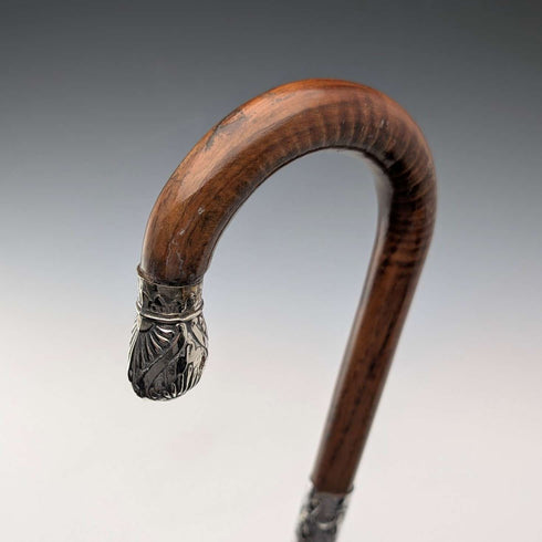 1906年英國古董棕色軸,彎曲手柄,純銀裝飾,手杖,80厘米