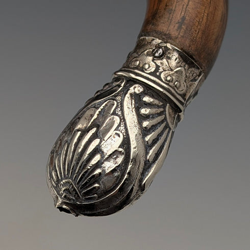 1906年英國古董棕色軸,彎曲手柄,純銀裝飾,手杖,80厘米