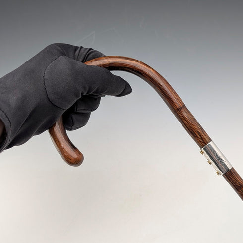 1930年頃 英国ヴィンテージ ブラウンシャフト 曲がりハンドル 純銀装飾 ステッキ 杖 89cm