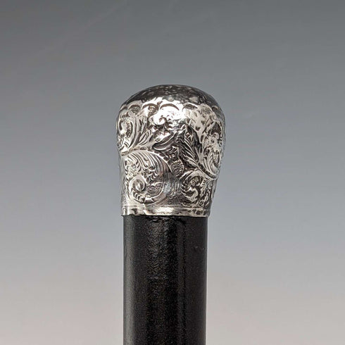 1889 British antique black shaft sterling silver rondelle handle lightweight walking stick 88cm