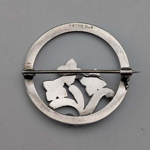 ヴィンテージ 純銀製 マーカサイト フローラル装飾 丸型ブローチ