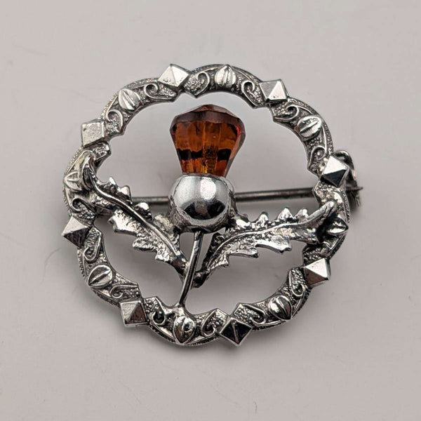 Vintage British sterling silver amber stone round brooch, Ward Brothers