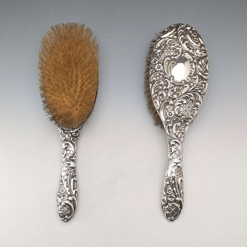 1910 British antique pure silver decorated handle hairbrush pair J&R Griffin