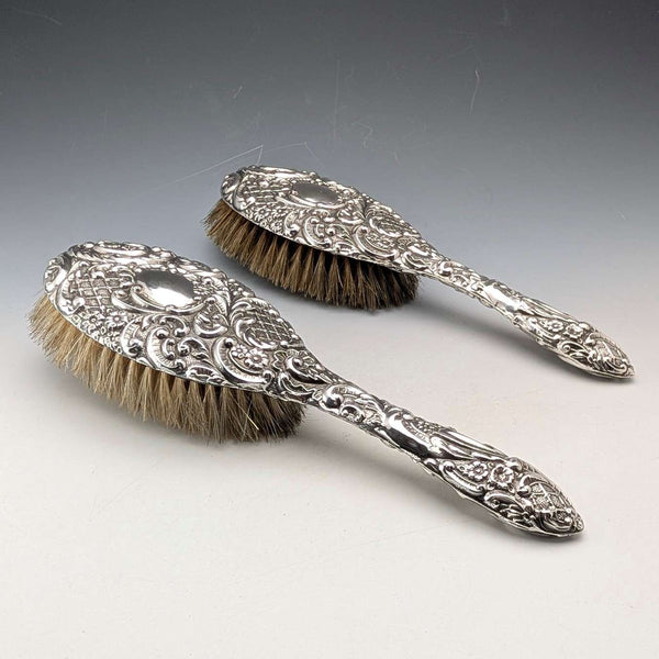 1910 British antique pure silver decorated handle hairbrush pair J&R Griffin
