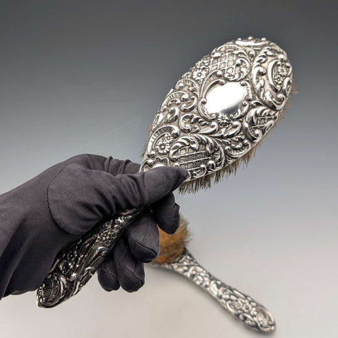 1910 British antique pure silver decorated handle hairbrush pair J&R Griffin