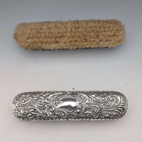 1908 British antique sterling silver decorated handle clothes brush pair J&R Griffin
