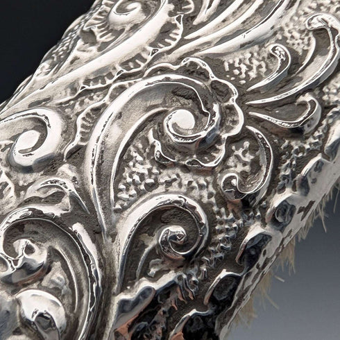 1908 British antique sterling silver decorated handle clothes brush pair J&R Griffin