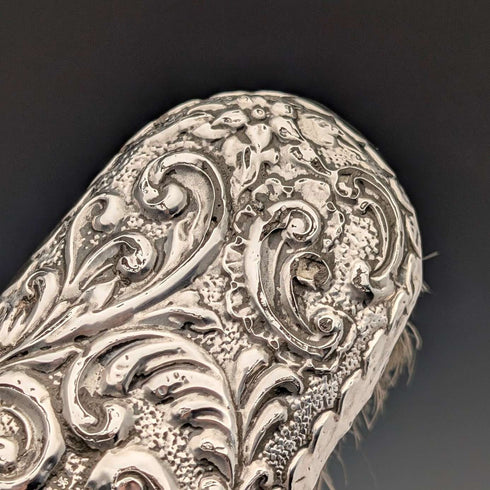 1908 British antique sterling silver decorated handle clothes brush pair J&R Griffin
