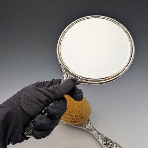 1900年頃 米国アンティーク 純銀アール・ヌーヴォー装飾 ヘアブラシ&ハンドミラー Foster&Bailey