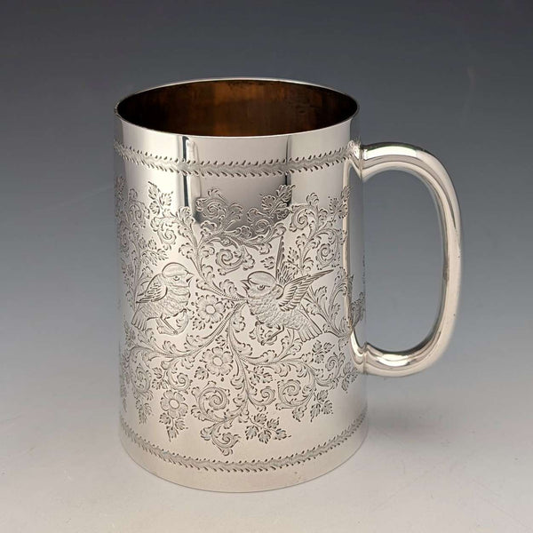 1906年 英国アンティーク 純銀製 花鳥装飾 マグカップ 187g George Edward&Sons