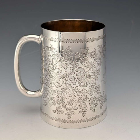 1906年 英国アンティーク 純銀製 花鳥装飾 マグカップ 187g George Edward&Sons