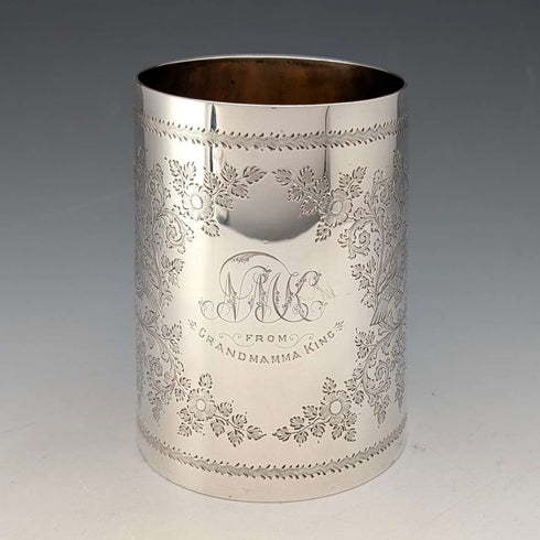 1906年 英国アンティーク 純銀製 花鳥装飾 マグカップ 187g George Edward&Sons