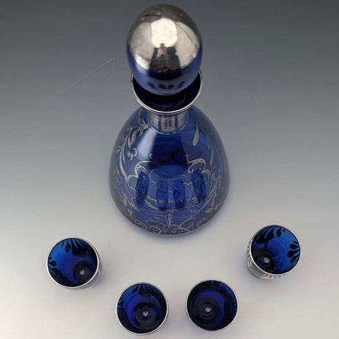 Vintage American Cobalt Blue Silver Overlay Decanter Cups Set of 4