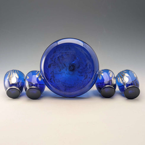 Vintage American Cobalt Blue Silver Overlay Decanter Cups Set of 4