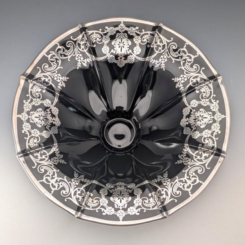 古董美國烏木玻璃銀覆蓋高腳碗,直徑 28 厘米