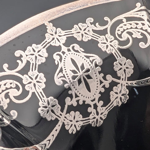 古董美國烏木玻璃銀覆蓋高腳碗,直徑 28 厘米