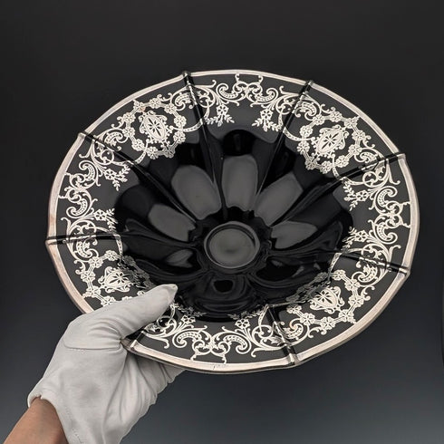 古董美國烏木玻璃銀覆蓋高腳碗,直徑 28 厘米