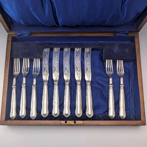 1923年古董英國銀柄甜點餐具5對,Yates Brothers木盒包裝