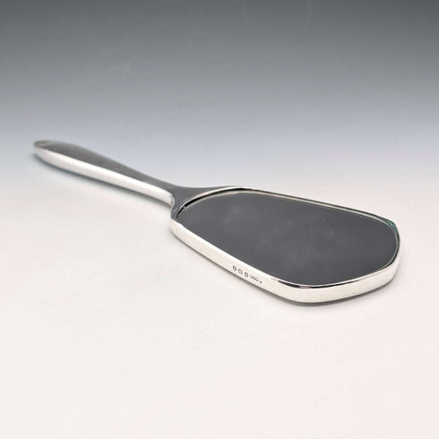 1947 British vintage pure silver guilloche enamel flower and bird decoration hand mirror by Henry Clifford Davis