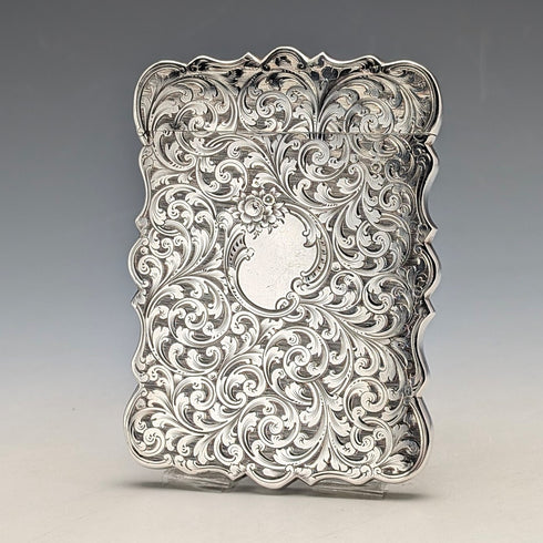 1849 British antique scroll engraved sterling silver card case, 71g, Taylor & Perry