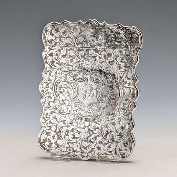 1849 British antique scroll engraved sterling silver card case, 71g, Taylor & Perry