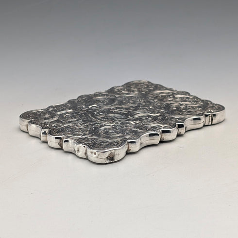 1849 British antique scroll engraved sterling silver card case, 71g, Taylor & Perry