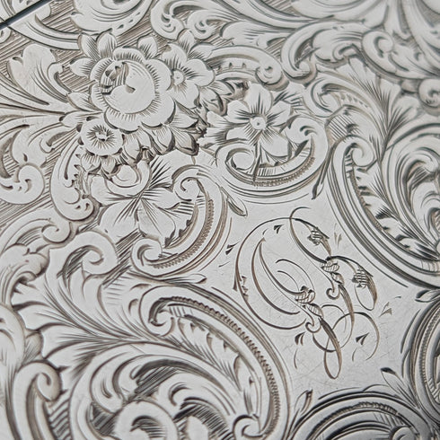 1849 British antique scroll engraved sterling silver card case, 71g, Taylor & Perry