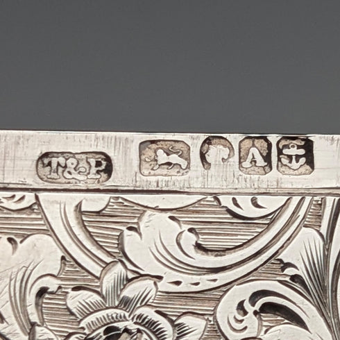 1849 British antique scroll engraved sterling silver card case, 71g, Taylor & Perry