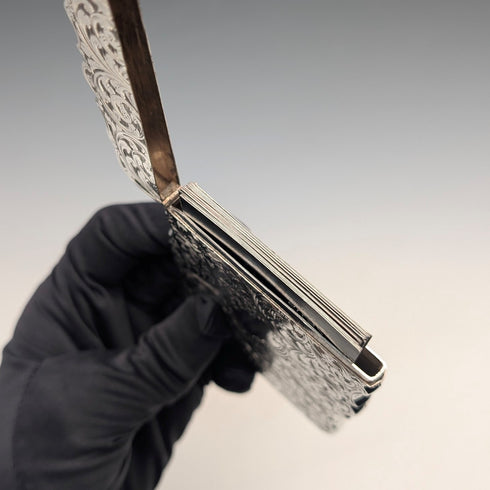 1849 British antique scroll engraved sterling silver card case, 71g, Taylor & Perry