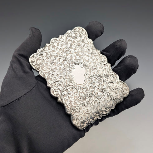 1849 British antique scroll engraved sterling silver card case, 71g, Taylor & Perry