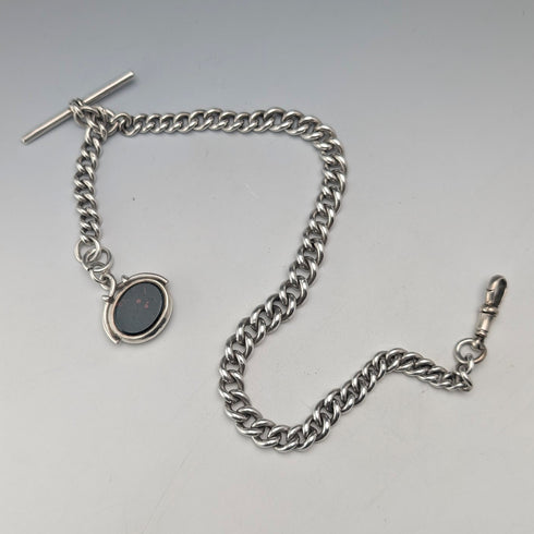 Circa 1919 British antique sterling silver Albert chain, 61g, sterling silver base, two-tone rotating fob