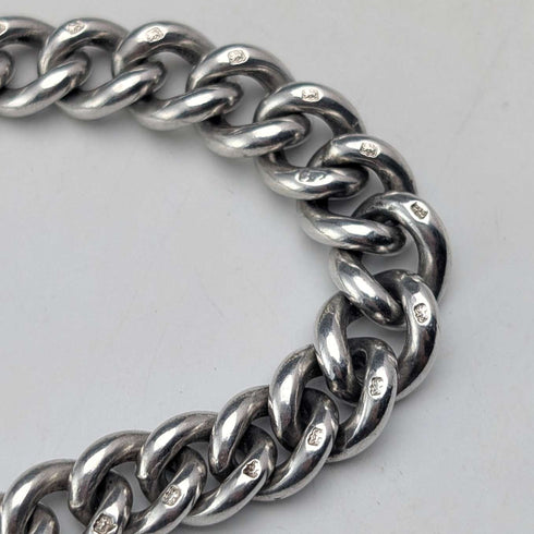 Circa 1919 British antique sterling silver Albert chain, 61g, sterling silver base, two-tone rotating fob