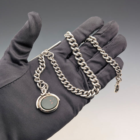 Circa 1919 British antique sterling silver Albert chain, 61g, sterling silver base, two-tone rotating fob