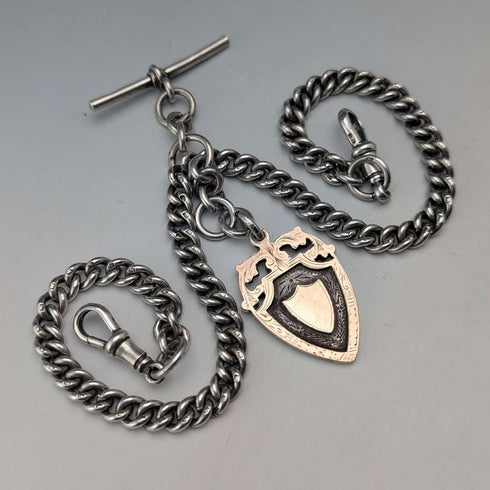 1929 British Vintage Sterling Silver Double Albert Chain 56g Gold Plated Sterling Silver Medal Fob