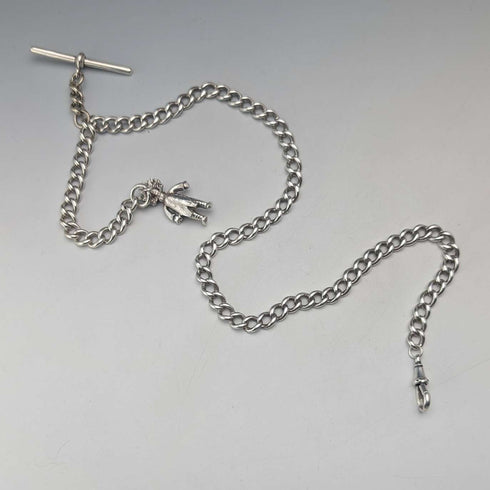 Circa 1900 British antique sterling silver long Albert chain 48g clown charm fob