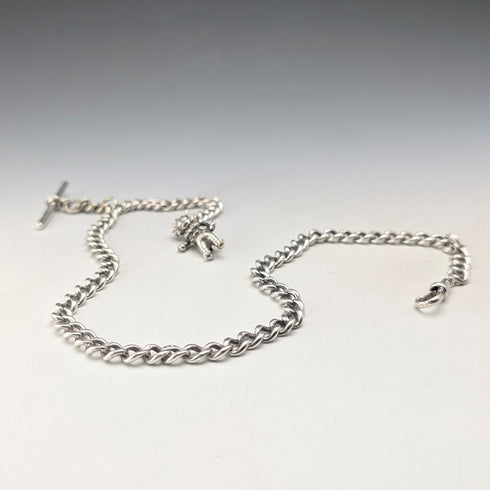 Circa 1900 British antique sterling silver long Albert chain 48g clown charm fob