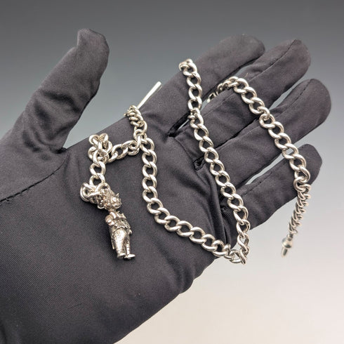 Circa 1900 British antique sterling silver long Albert chain 48g clown charm fob