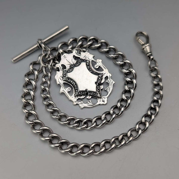 Circa 1900 British antique sterling silver Albert chain, 53g, sterling silver large medal fob