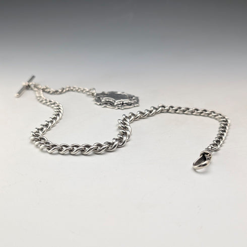 1900年頃 英国アンティーク 純銀製アルバートチェーン 53g 純銀大型メダルフォブ