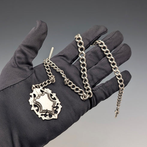 1900年頃 英国アンティーク 純銀製アルバートチェーン 53g 純銀大型メダルフォブ