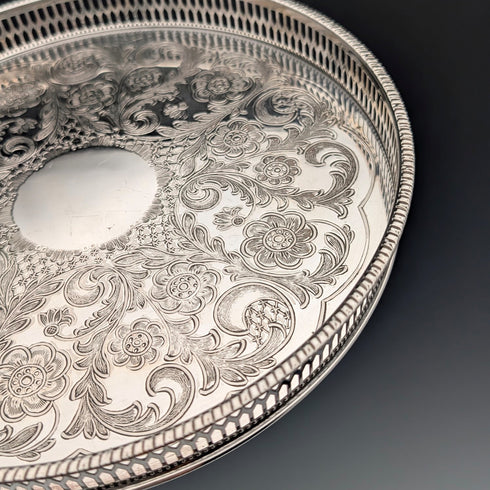 復古英國銀盤畫廊托盤,直徑 26 厘米,Viners