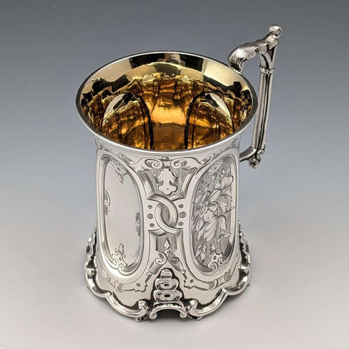 1854年 英国アンティーク 純銀製 マグカップ フローラル装飾 163g John Evans II