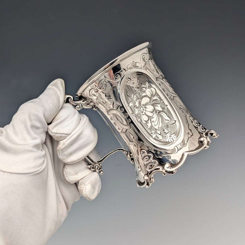 1854年 英国アンティーク 純銀製 マグカップ フローラル装飾 163g John Evans II