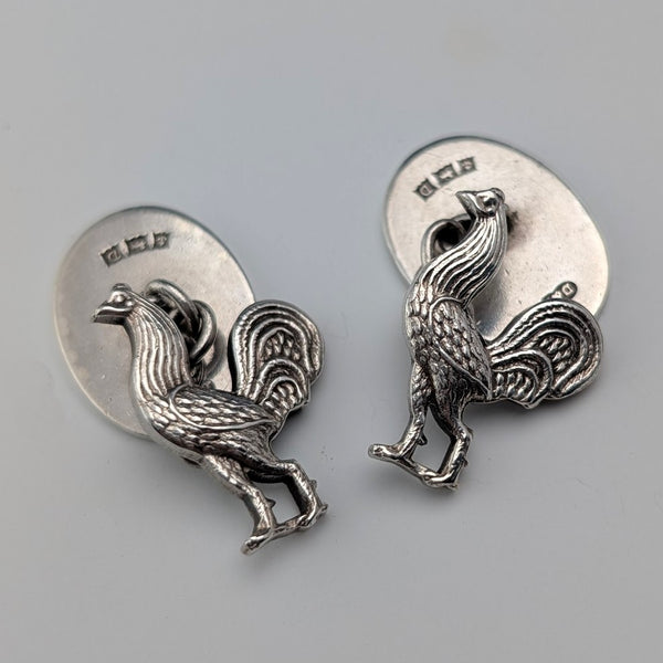 1953 British Vintage Rooster Sculpture Sterling Silver Cufflinks, Deakin & Francis