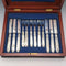 1870 British antique white mother-of-pearl handle dessert cutlery, 6 pairs, wooden box
