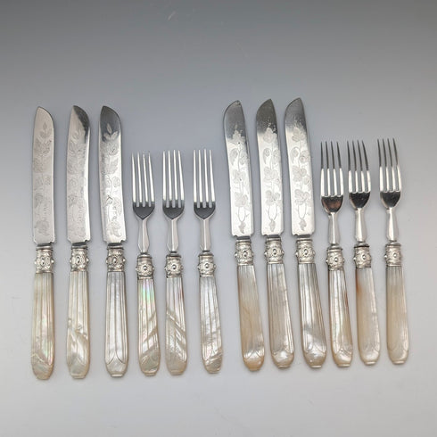 1870 British antique white mother-of-pearl handle dessert cutlery, 6 pairs, wooden box